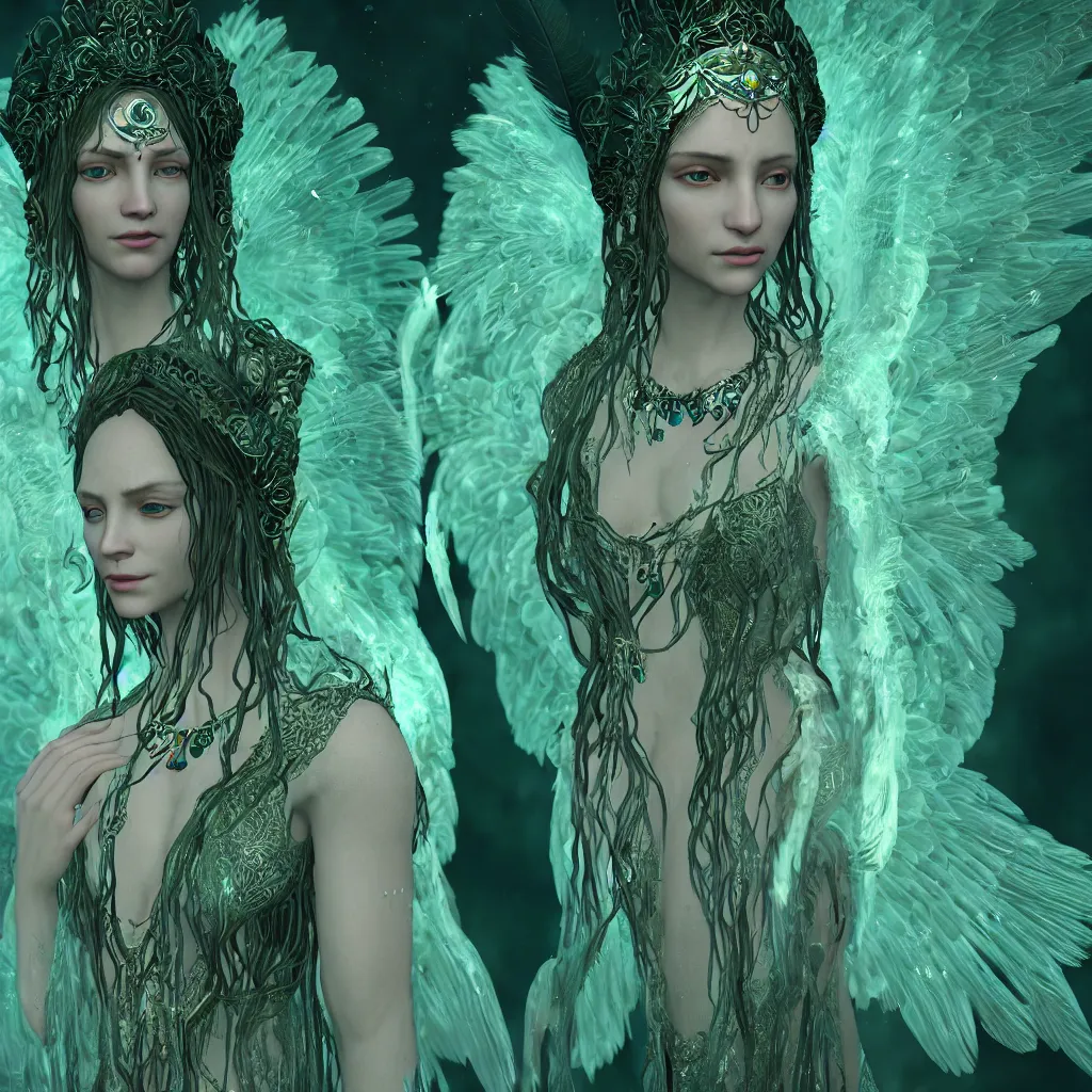 Prompt: wiccan high priestess with angelic face, super fine details and intricate jewellery with feathers and crystals, ethereal, in deep clear emerald water, divine realm of gods, solarpunk realistic cinematic style, high contrast filmed in 7 0 mm, volumetric lighting, octane render, concept art, leonardo davinci, unreal engine, greg rutkowski, zbrush, 8 k