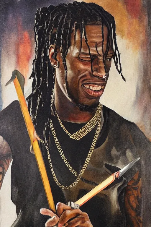 Image similar to travis scott holding a sword, painting