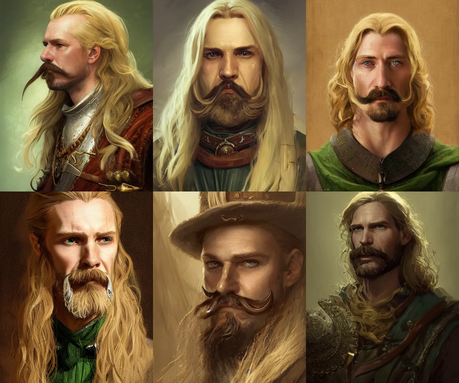 Prompt: half - length portrait of a 3 5 - year - old human male noble with long blonde hair and green eyes, handlebar mustache, medieval setting, detailed face, highly detailed, artstation, concept art, sharp focus, by greg rutkowski, craig mullins, kenne gregoire