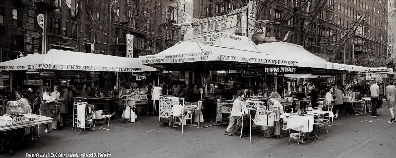 Image similar to spaghetti stand in downtown nyc, kodachrome, in the style of richard avedon, retro