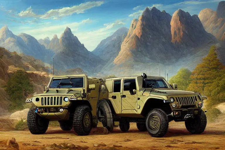 Prompt: a futurisitic well designed military vehicle designed by honda and lamborghini and boeing and jeep, military design, mountains in the distance, day, blue sky, sprong season, painting by asher brown durand and star wars movie, ultra mega detailed, beautiful realistic photo, professional photography, perfect