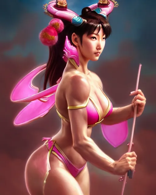 Prompt: play of the game of chun li wearing pink bikini, perfect face, brown hair, abs, cinematic, stunning, cute, adorable, strong, highly detailed, psychedelic, digital painting, artstation, smooth, hard focus, illustration, art by jessica rossier and and brian froud