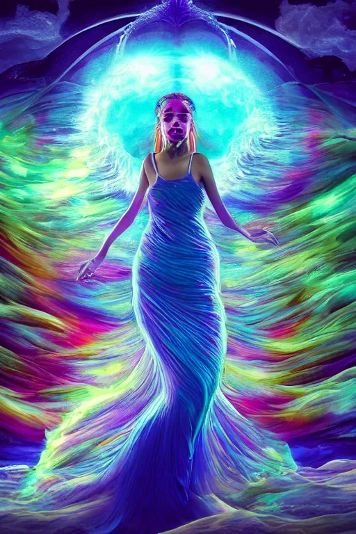 Image similar to overdetailed maximalist fullbody portrait of a beautiful female energy being transcending to her true form while floating over a surreal landscape. Made by oozium, inspired by silvio vieira, overpainted by loish. 8k 3d realistic render. Bright, sacred, spiritual, dawn, backlit, calm, relaxed, dynamic, ethereal, arcane, intricate, mysterious, dramatic, cinematic. Seen from below. Overpaint by phazed and erica robin. Artstation, deviantart, vagallery.com