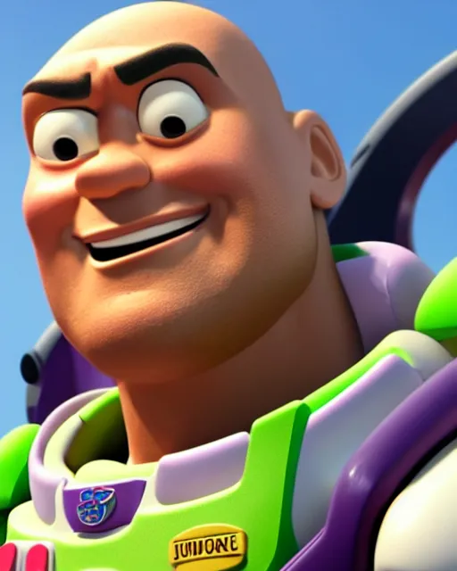 Image similar to Film still close-up shot of Dwayne Johnson as Buzz Lightyear in the movie Toy Story 3. Photographic, photography