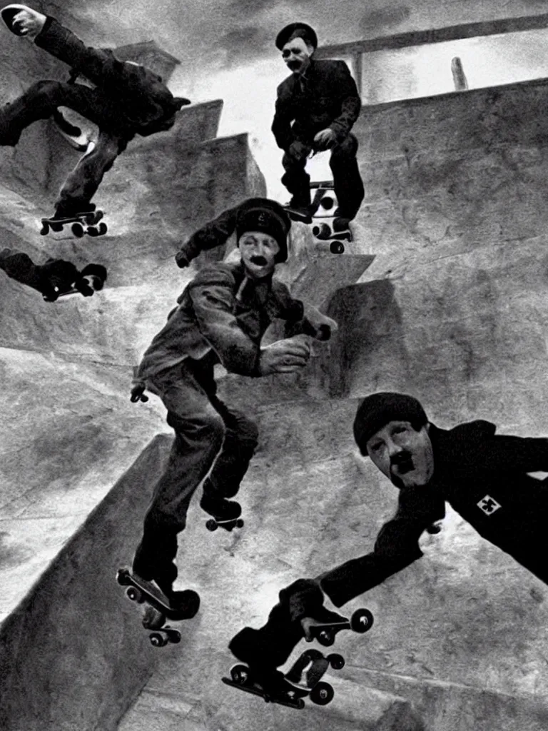 Image similar to 'adolf hitler skatboarding in tony hawks pro skater 2, warehouse level, realistic, dramatic'