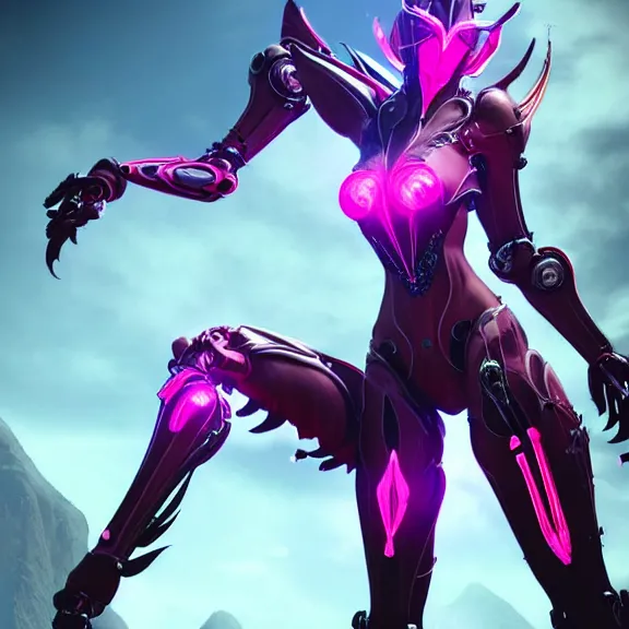 Image similar to highly detailed giantess shot exquisite warframe fanart, looking up at a giant 500 foot tall beautiful stunning saryn prime female warframe, as a stunning anthropomorphic robot female dragon, looming over you, posing elegantly, camera between the legs, white sleek armor with glowing fuchsia accents, proportionally accurate, anatomically correct, sharp claws, two arms, two legs, camera close to the legs and feet, giantess shot, upward shot, ground view shot, leg and thigh shot, epic low shot, high quality, captura, realistic, professional digital art, high end digital art, furry art, macro art, giantess art, anthro art, DeviantArt, artstation, Furaffinity, 3D realism, 8k HD octane render, epic lighting, depth of field