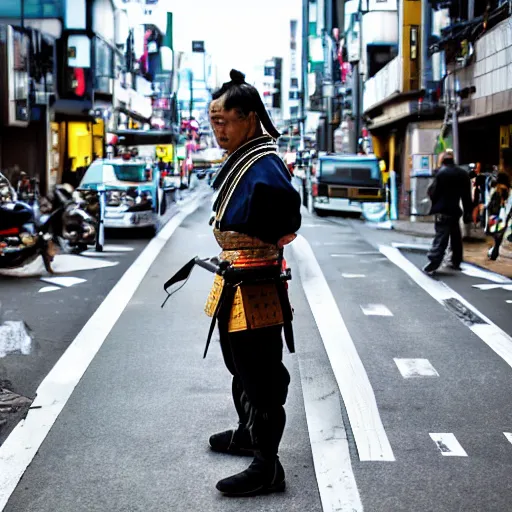 Prompt: a samurai warrior standing in a busy modern day tokyo street scene