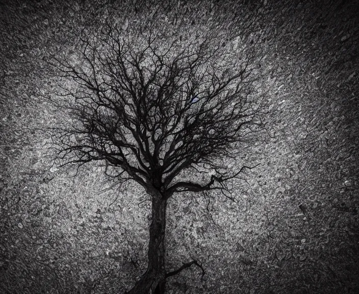 Image similar to 4 k hd, high detail photograph of a single tree during apocalypse, shot with sigma f / 4. 2, 2 5 0 mm sharp lens, wide shot, consistent, volumetric lighting, high level texture render