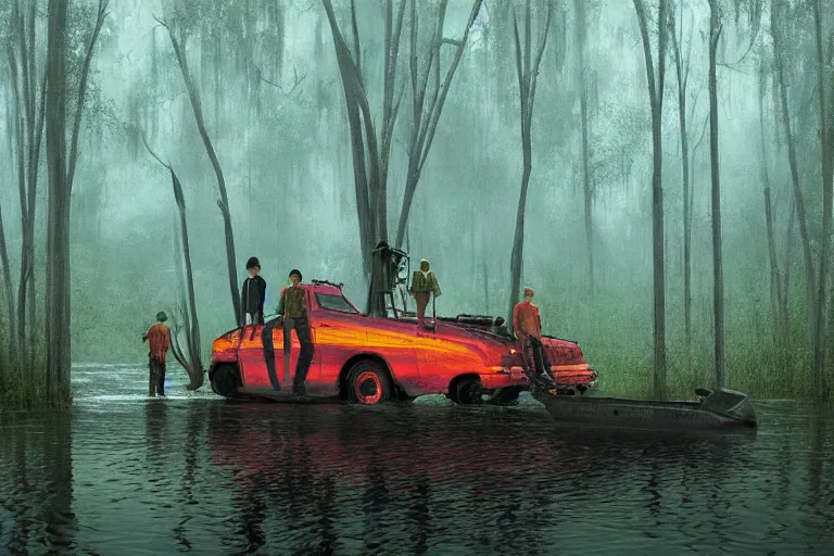 Image similar to scene from louisiana swamps, airboat with neon satanic pentagram, boy scout troop, voodoo artwork by tim eitel