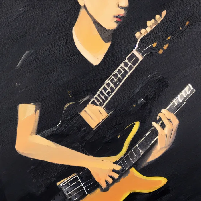 Prompt: large diagonal brush strokes, abstract dark painting of a young korean male musician wearing stylish black v neck t shirt holding a telecaster!!! electric guitar!!, thick flowing dramatic brush strokes, dark matte colors, abstract, impressionist, motion, trending on artstation