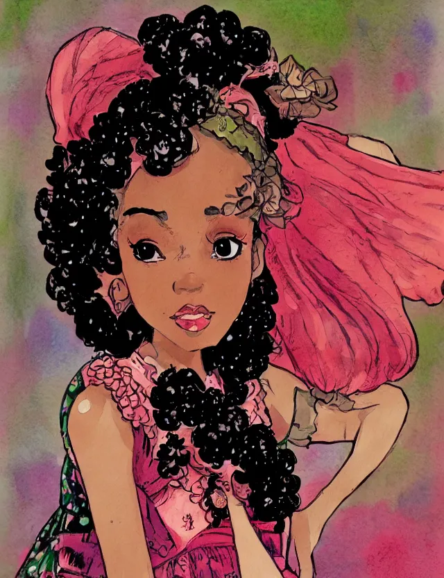 Prompt: black - skinned princess of the strawberry cream valley, wearing a lolita dress. this heavily stylized watercolor painting by an indie comic artist has interesting color contrasts, plenty of details and impeccable lighting.