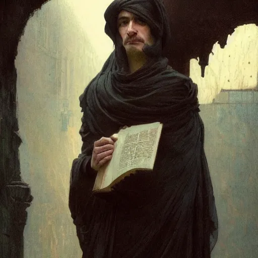 Image similar to full face portait of magican wearing a closed cowl and big old book! chained to the wrist, jeremy mann, jean - leon gerome, tiepolo, alphonse mucha, greg rutkowski, face in the shadows, ( ( ruins of ancient rome ) ), at dusk, mysterious atmosphere, sunrays, dof, high detailed, 8 k