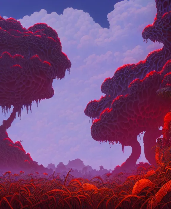 Image similar to simplicity, an simple structure made out of exotic fungus, overgrown with lush floral jungle, partly cloudy, hellscape, hell, fire, brimstone, lava, by dan mumford, yusuke murata, makoto shinkai, ross tran, cinematic, unreal engine, cel shaded, featured on artstation, pixiv