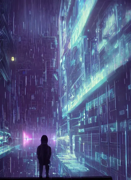 Image similar to lonely cyber person made of cosmic nebula galaxy energy watching a rainy stormy colorful complex cyberpunk futuristic city from behind at night through a window in a room full of wires and screens, 8 k, hyper photorealistic, wet, highly detailed, cinematic mood by ridley scott, ghost in the shell, rendered in octane, trending on artstation, glowing lights, gloomy, epic composition