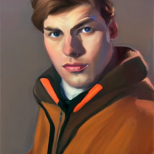 Prompt: a brown haired man wearing a ski suit, detailed, edward hopper, trending on artstation,