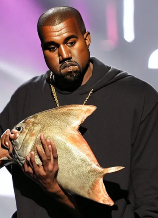 Image similar to kanye rapping on stage but the microphone is a giant tuna fish