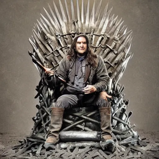 Prompt: Hurley from Lost sitting on the Iron Throne