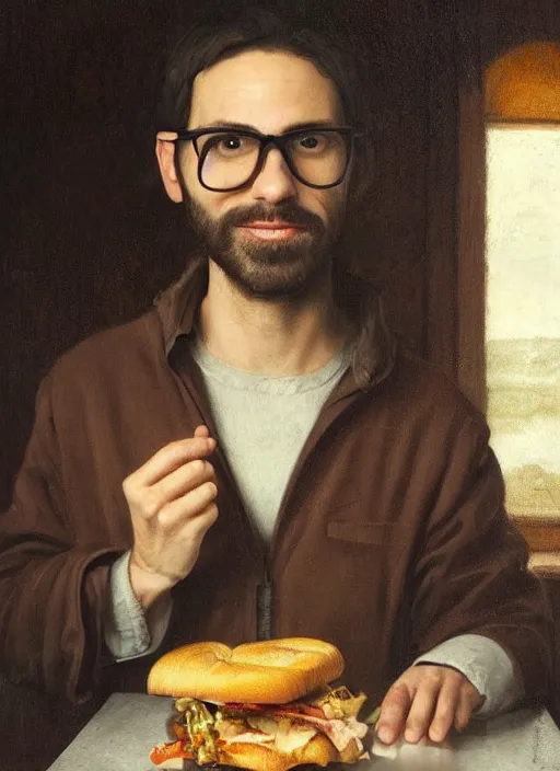 Prompt: realistic portrait of danny mondello eating a sandwich, guy with glasses, a trimmed tight small goatee, long brown hair, renaissance photorealistic portrait painting, highly detailed, greg rutkowski, beautiful light