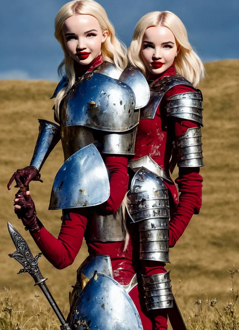 Image similar to dove cameron in a knight armor, full plate, photography, movie poster, red lipstick, leather, blood stains, hair in the wind, shiny metal armor, gold, victorious on a hill, battlefield, full body, sword pointed at sky