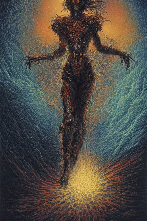 Image similar to a fire biomechanical dancer by artgem and les edwards, gustave dore, highly detailed, high contrast, light reflection, trippy, nebula, trending on artstation