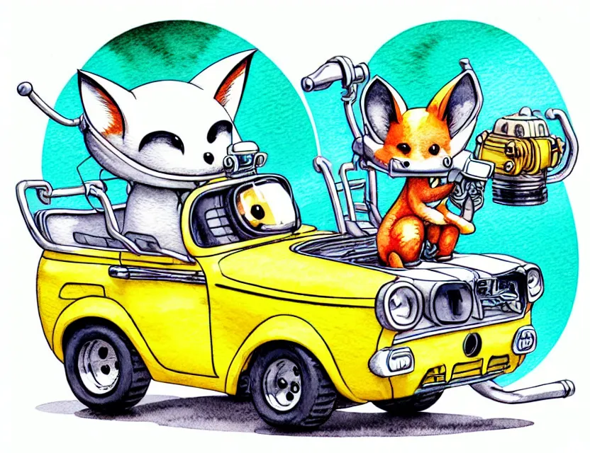 Prompt: cute and funny, fox wearing a helmet riding in a tiny hot rod with an oversized engine, ratfink style by ed roth, centered award winning watercolor pen illustration, isometric illustration by chihiro iwasaki, edited by range murata, tiny details by artgerm and watercolor girl, symmetrically isometrically centered, sharply focused