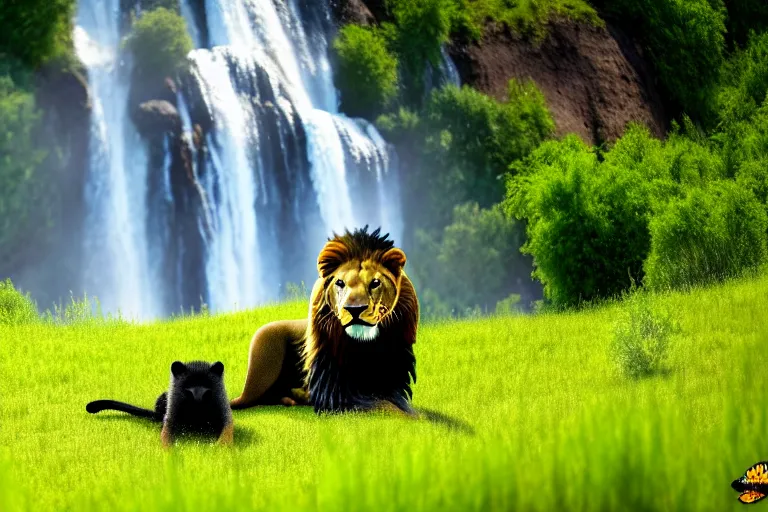 Image similar to two animals : a lion and a honey badger, sitting in a meadow with a waterfall in the background, many details, high quality, 8 k