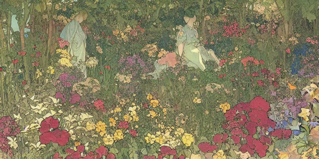 Prompt: an illustration of a beautiful garden, isometric view, painted by moebius and james jean and alphonse mucha