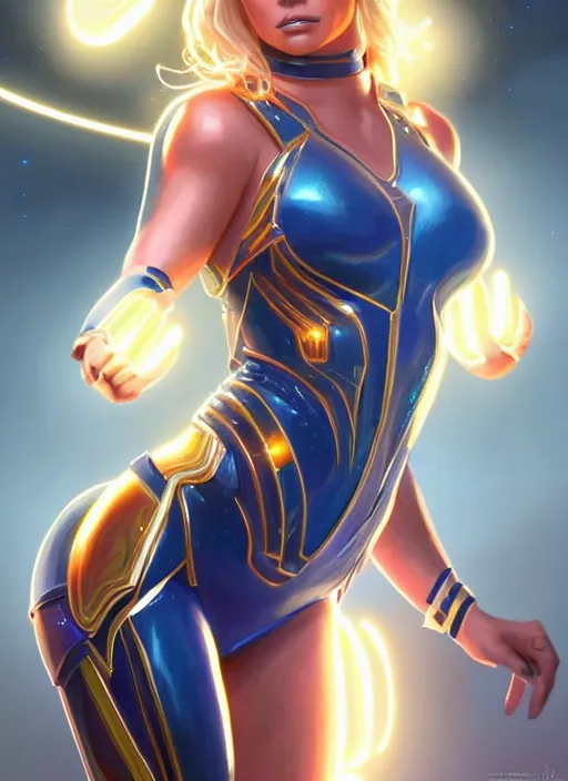 Image similar to britney spears as nova corps, intricate, elegant, glowing lights, highly detailed, digital painting, artstation, glamor pose, concept art, smooth, sharp focus, illustration, art by artgerm and greg rutkowski, artey freytag