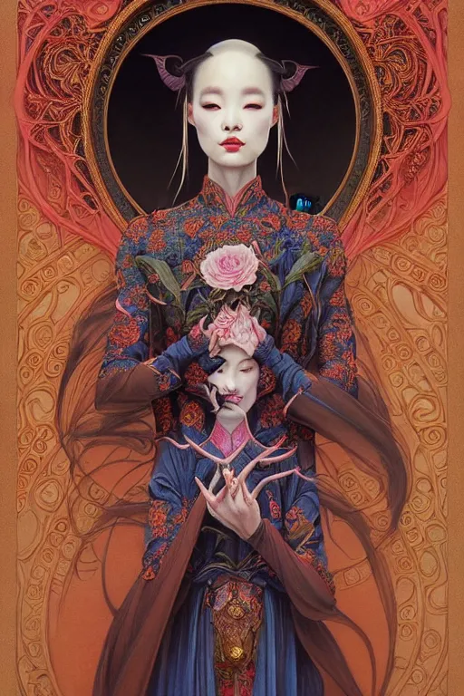 Prompt: symmetrical painting, a beautiful female immortal in transitional chinese dress, pretty, perfect face, elegant, ornate, luxury, elite, matte painting, by artgrem, by james jean, by brian froud, by wayne barlowe