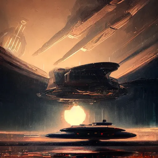 Image similar to scifi art by Greg Rutkowski, a heavy shuttle that is shaped like a brutalist-looking high tech lobster, in the background, the distant silhouettes of a brutalist-looking planetary colony, hostile and desolate landscape, orange ambient light, detailed and intricate environment, high technology, digital painting, artstation, concept art, smooth, sharp foccus ilustration, Artstation HQ.