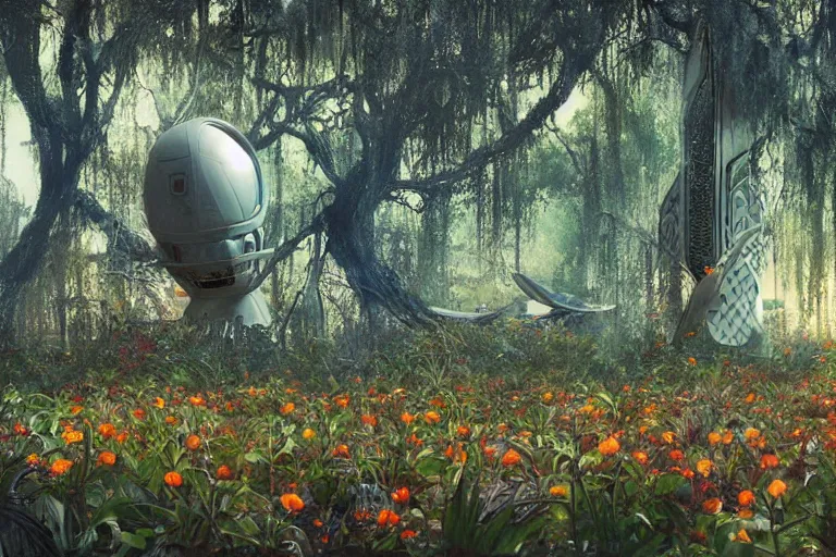 Image similar to hyperrealism, scene from starship, louisiana swamps, orange blooming flowers garden, true detective, 8 k, 8 0 s japanese sci - fi books art