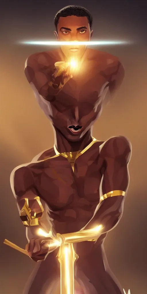 Image similar to symmetry!! brown skin man egyptian prince holding scepter of power, solid cube of light, hard edges, product render retro - futuristic poster scifi, lasers coming from eyes, brown skin man egyptian prince, intricate, elegant, highly detailed, digital painting, artstation, concept art, smooth, sharp focus, illustration, dreamlike, art by artgerm