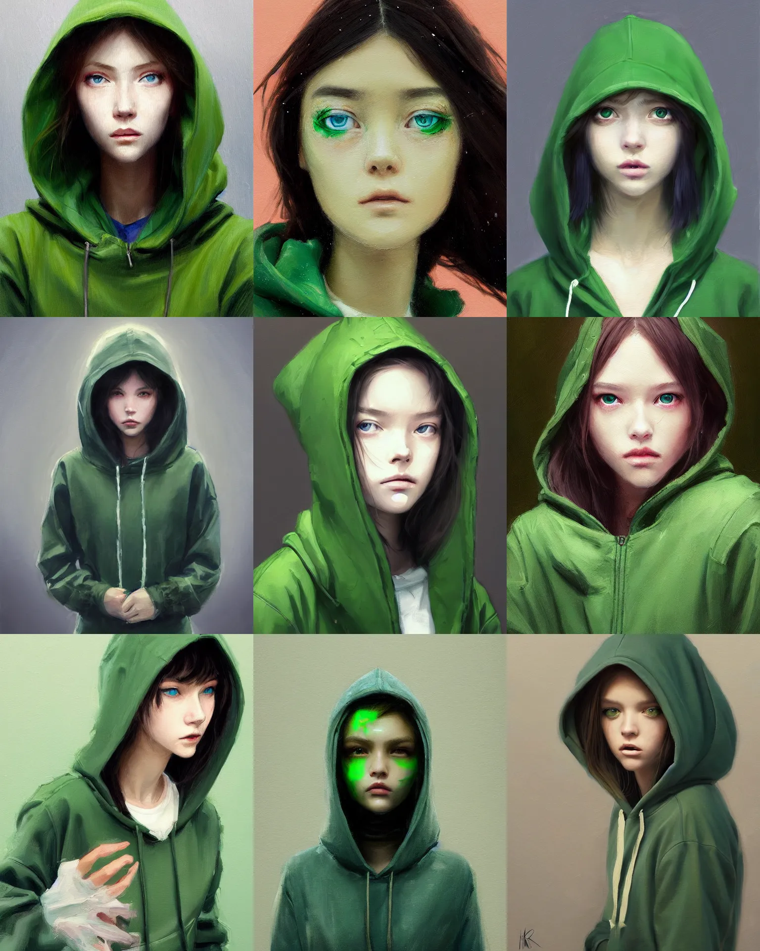 Image similar to a painting of a fully dressed girl wearing a hoodie upper body with beautiful green eyes, highly detailed, digital painting, artstation, sharp focus, dreamy illustration, art by katsuhiro otomo ghost - in - the - shell, artgerm, jeremy lipkin and giuseppe dangelico pino and michael garmash and rob rey