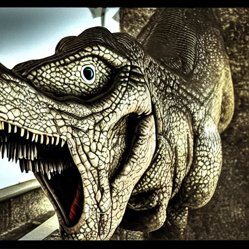 Image similar to dinosaur smoking a cigarette in their mouth realistic hdr professional shot