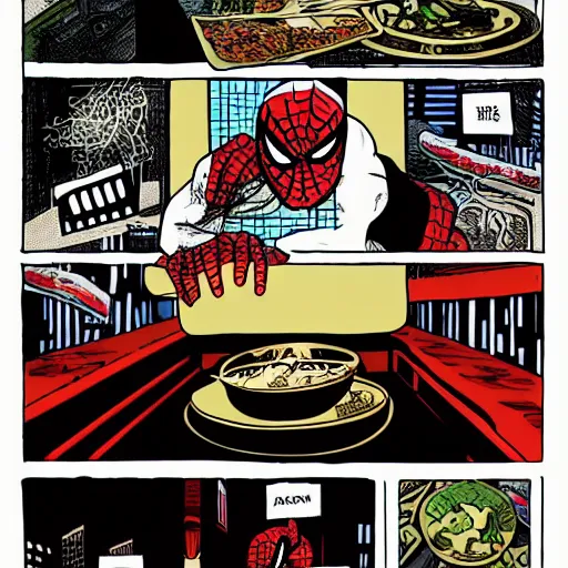 Prompt: spiderman eating ramen, H.R. Giger, creepy, found footage, liminal space