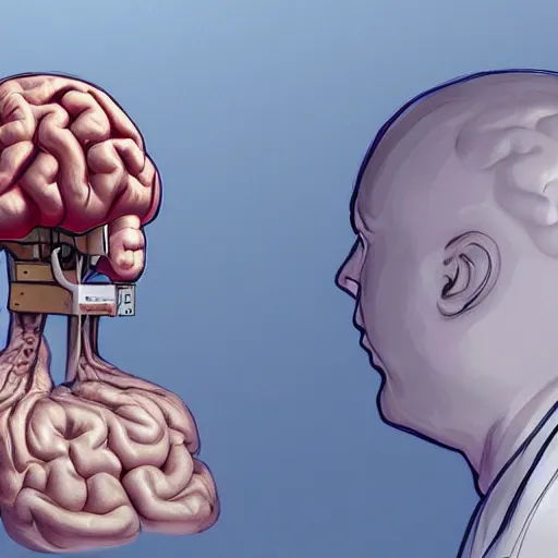 Prompt: Human sized brain wearing a doctors uniform in a hospital talking to some nurses, concept art, artstation