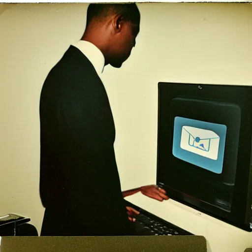 Image similar to a polaroid photo of a a computer checking its man checking his emails from the point of view of a computer screen