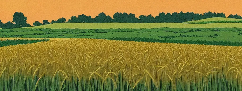 Prompt: wheat farm field, landscape, very detailed, art by Studio Ghibli