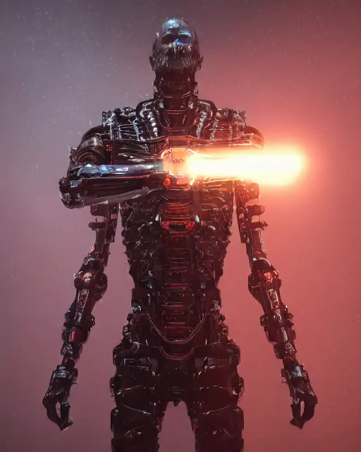 Prompt: a dark sci fi horror quarter - length portrait of a cybernetic overlord with a massive staffs made of metal on his back, cinematic lighting, smooth, high detail, dark fantasy, unreal engine, octane render, by vitaly bulgarov artstation, golden rule, sense of action, fog volumes, vivid color glow, post processing, cgsociety