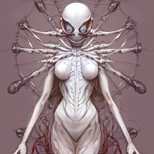 Image similar to a photograpic portrait of a anthropomorphic spider wearing white clothes, fantasy, intricate, elegant, highly detailed, digital painting, artstation, concept art, smooth, sharp focus, illustration, art by artgerm and H R Giger and alphonse mucha