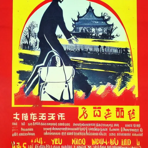 Prompt: 20 year old tourist wearing a backpack walking through hanoi. Vietnamese propaganda poster.