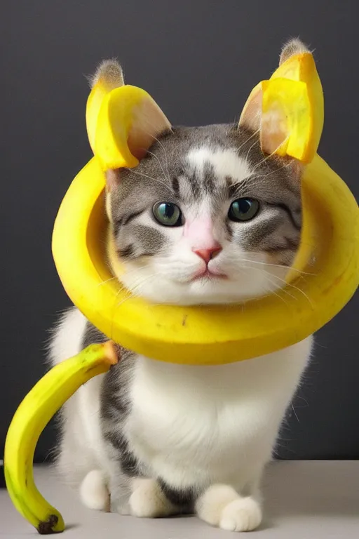 Prompt: realistic photo of an adorable cat wearing a banana hat, highly detailed,