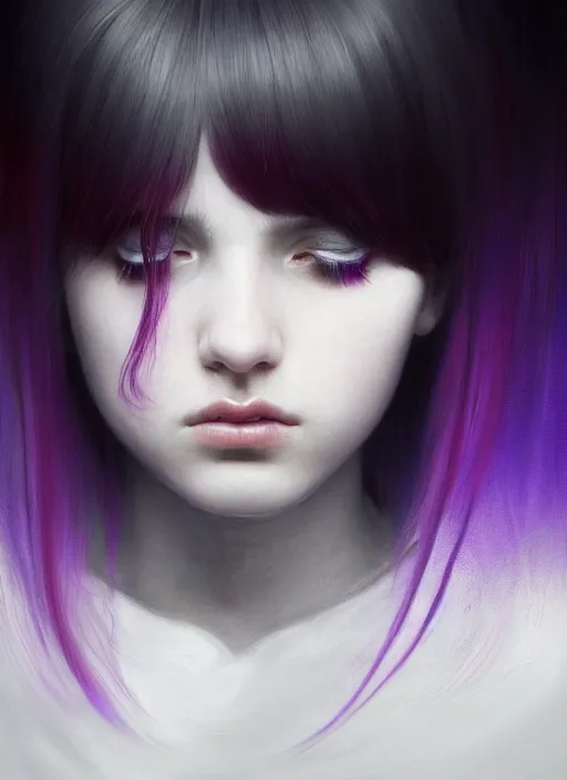 Image similar to portrait of teenage girl, red irises, bangs, black and white hair, white bangs, purple clothes, white bangs, two color hair, black hair and white bangs, intricate, elegant, glowing lights, highly detailed, digital painting, artstation, concept art, smooth, sharp focus, illustration, art by wlop, mars ravelo and greg rutkowski