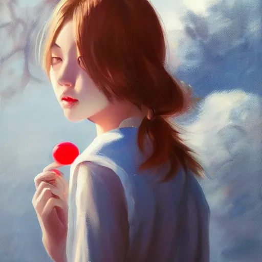 Image similar to oil painting by ilya kuvshinov,, baugh casey, rhads, coby whitmore, of a youthful japanese beauty, long hair, holding lolipop, outdoors, highly detailed, breathtaking face, studio photography, dawn, intense subsurface scattering, blush, supple look, innocence, intense sunlight