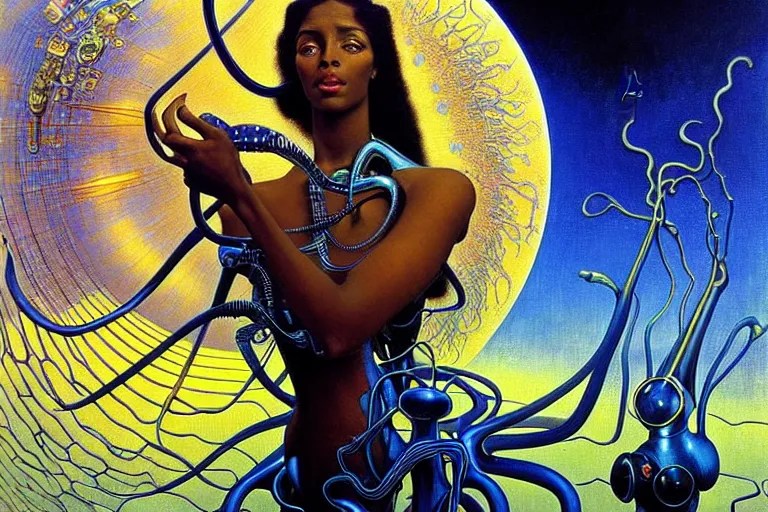 Image similar to realistic extremely detailed portrait painting of a beautiful black woman with a robot, futuristic sci-fi landscape on background by Jean Delville, Amano, Yves Tanguy, Mark Brooks, Alphonse Mucha, Ernst Haeckel, Edward Robert Hughes, Roger Dean, rich moody colours, blue eyes