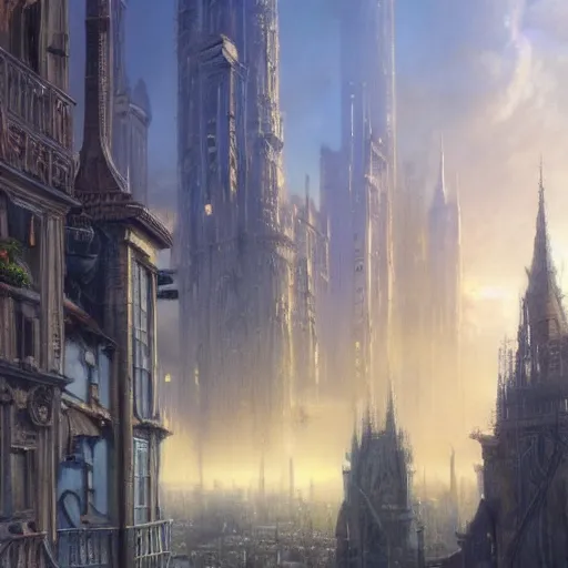 Image similar to beautiful fantasy city by Alan Lee, golden hour, concept art, matte painting, highly detailed, art station, oil painting, 8k