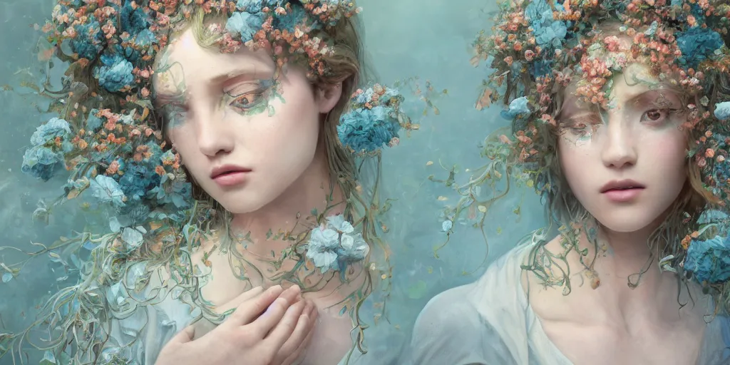 Image similar to breathtaking detailed concept art painting portrait of the hugs goddess of light blue flowers, carroty hair, orthodox saint, with anxious piercing eyes, ornate background, amalgamation of leaves and flowers, by hsiao - ron cheng, extremely moody lighting, 8 k