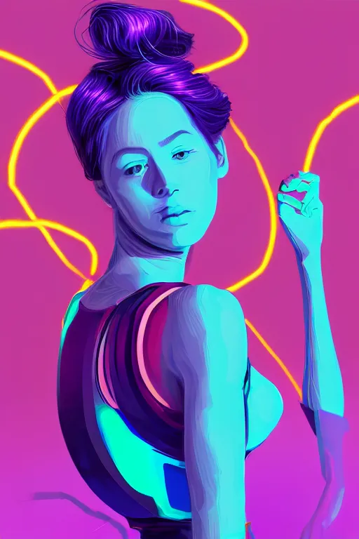 Image similar to a award winning half body portrait of a beautiful woman in a croptop and cargo pants with ombre purple pink teal hairstyle and hands in pockets by ari liloan, surrounded by whirling illuminated lines, outrun, vaporware, shaded flat illustration, digital art, trending on artstation, highly detailed, fine detail, intricate