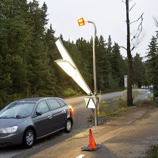 Prompt: The headlights of the car directly illuminated the entrance sign to the town. The vehicle, stopped at the side of the road, was barely visible under the blanket of darkness that the trees unfolded around it.