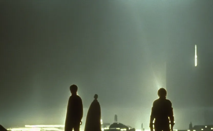 Image similar to iconic wide cinematic screen shot of luke skywalker downtrodden standing with a view of coruscant at sunset, from the thrilling scene from the 1 9 9 0 s sci fi film directed by stanley kubrick, moody cinematography, foggy volumetric lighting, hyper detailed scene, anamorphic lenses 2 4 mm, lens flare, award winning